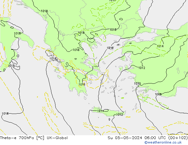 Theta-e 700hPa UK-Global Ne 05.05.2024 06 UTC