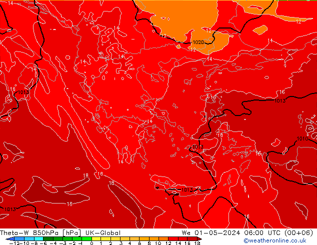 Theta-W 850hPa UK-Global Çar 01.05.2024 06 UTC