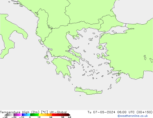 Nejvyšší teplota (2m) UK-Global Út 07.05.2024 06 UTC