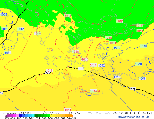 Thck 500-1000hPa UK-Global We 01.05.2024 12 UTC
