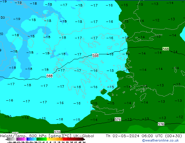 Height/Temp. 500 hPa UK-Global Čt 02.05.2024 06 UTC