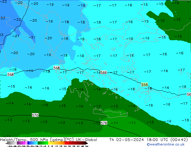 Height/Temp. 500 hPa UK-Global Th 02.05.2024 18 UTC