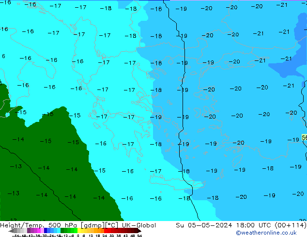 Height/Temp. 500 hPa UK-Global nie. 05.05.2024 18 UTC