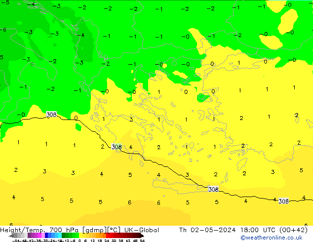 Height/Temp. 700 hPa UK-Global Th 02.05.2024 18 UTC