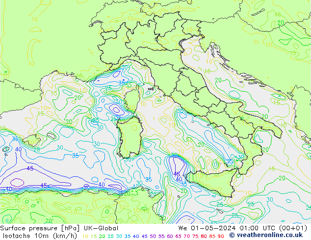 Isotachs (kph) UK-Global mer 01.05.2024 01 UTC