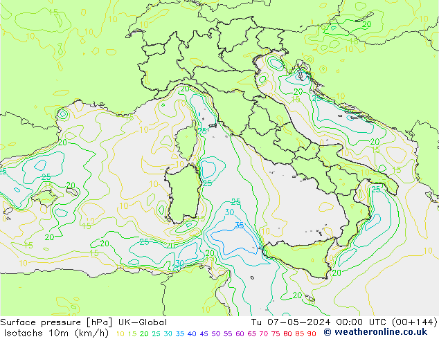 Isotachs (kph) UK-Global Tu 07.05.2024 00 UTC