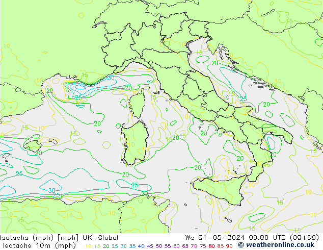 Isotachs (mph) UK-Global mer 01.05.2024 09 UTC