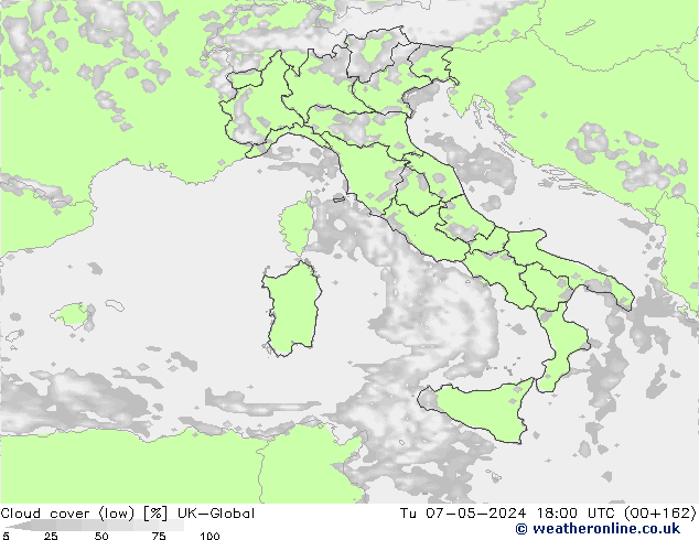 Bewolking (Laag) UK-Global di 07.05.2024 18 UTC