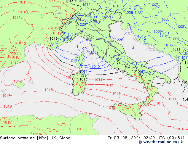 Pressione al suolo UK-Global ven 03.05.2024 03 UTC