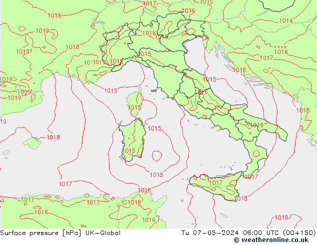 Surface pressure UK-Global Tu 07.05.2024 06 UTC