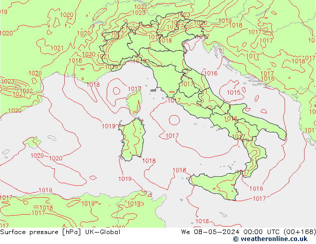 Pressione al suolo UK-Global mer 08.05.2024 00 UTC