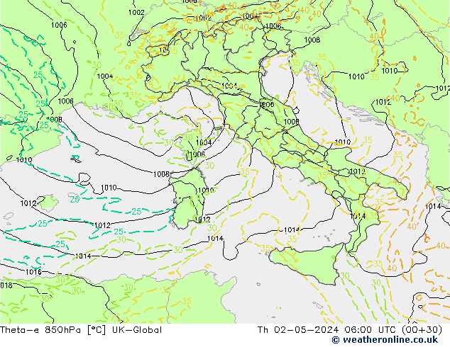 Theta-e 850hPa UK-Global Th 02.05.2024 06 UTC