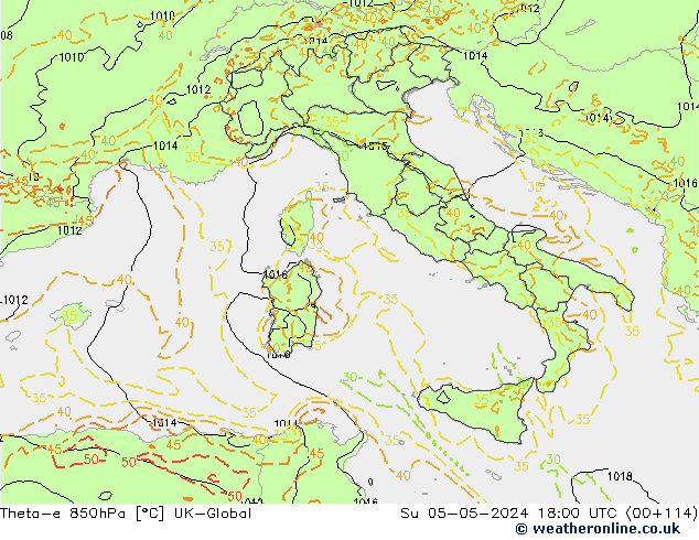Theta-e 850hPa UK-Global So 05.05.2024 18 UTC