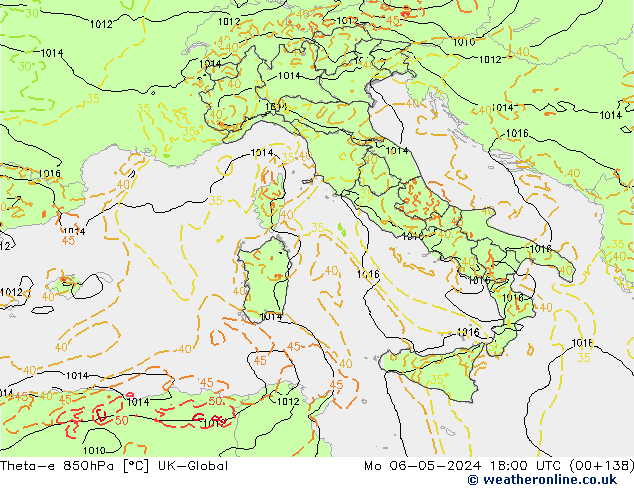 Theta-e 850гПа UK-Global пн 06.05.2024 18 UTC