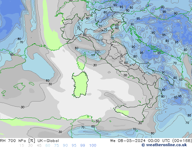 RH 700 hPa UK-Global We 08.05.2024 00 UTC