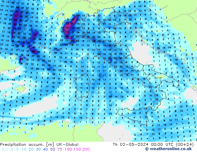 Precipitation accum. UK-Global Th 02.05.2024 00 UTC