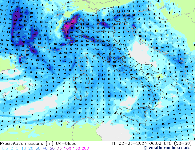 Precipitation accum. UK-Global czw. 02.05.2024 06 UTC