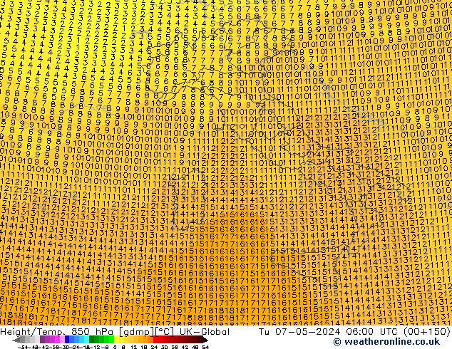 Height/Temp. 850 hPa UK-Global Tu 07.05.2024 06 UTC