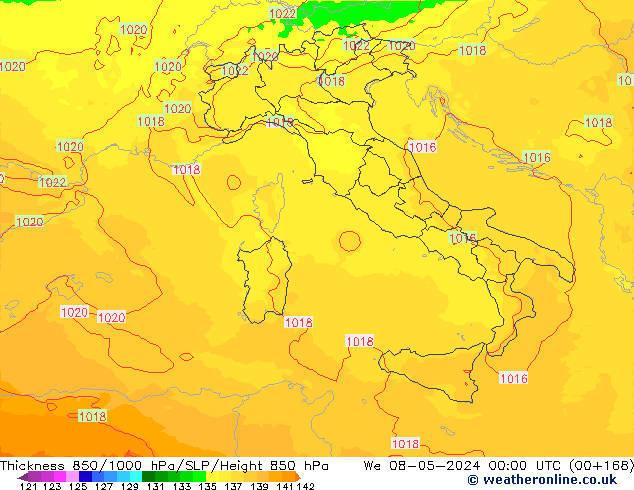 850-1000 hPa Kalınlığı UK-Global Çar 08.05.2024 00 UTC