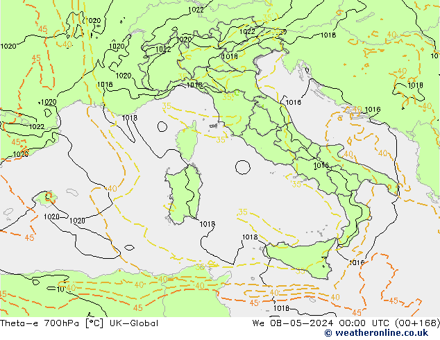 Theta-e 700hPa UK-Global wo 08.05.2024 00 UTC