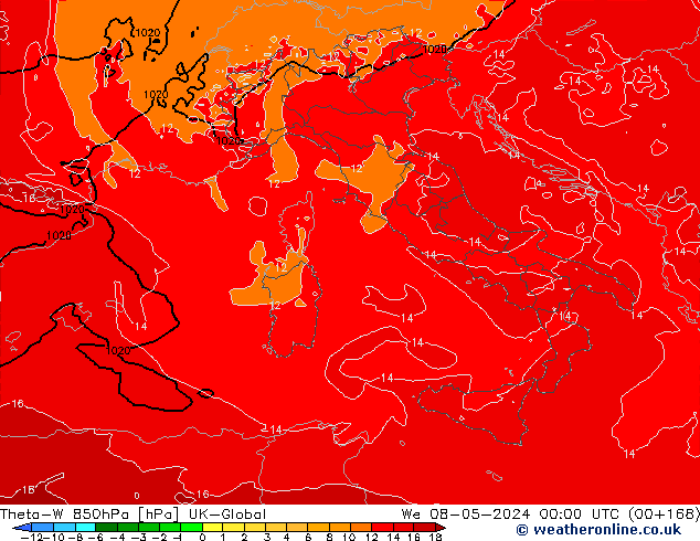 Theta-W 850hPa UK-Global Qua 08.05.2024 00 UTC