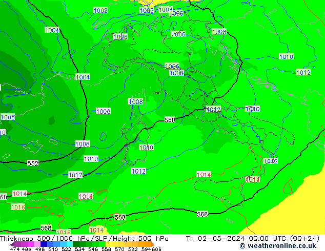 Thck 500-1000hPa UK-Global Čt 02.05.2024 00 UTC