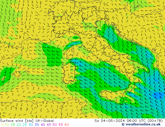 Vento 10 m UK-Global sab 04.05.2024 06 UTC