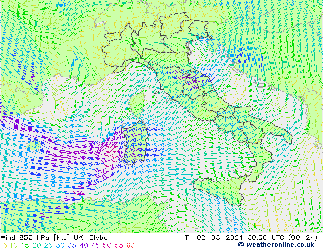 Vento 850 hPa UK-Global gio 02.05.2024 00 UTC