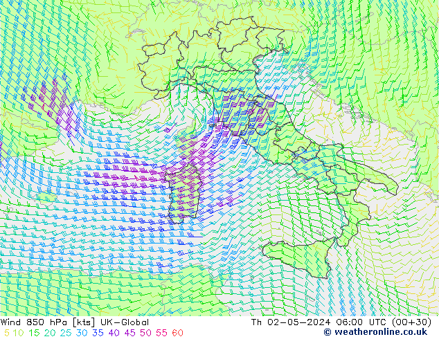Wind 850 hPa UK-Global Čt 02.05.2024 06 UTC