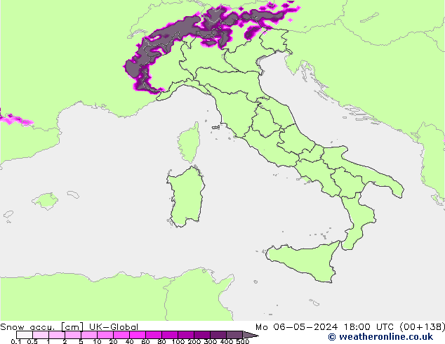 Snow accu. UK-Global Mo 06.05.2024 18 UTC