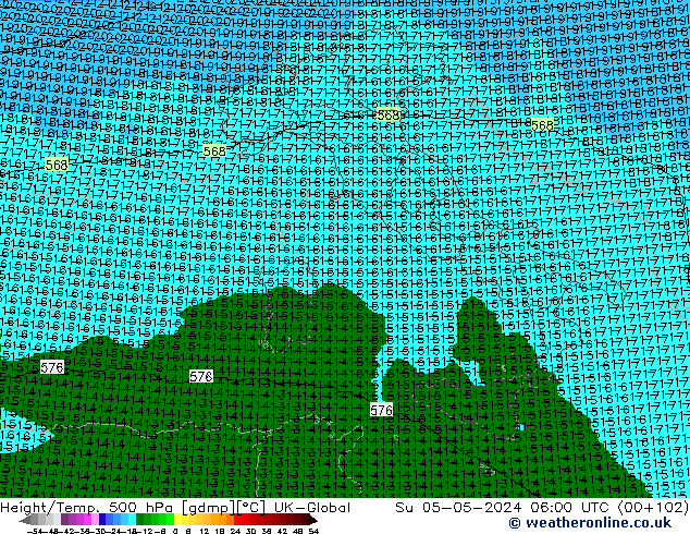 Height/Temp. 500 hPa UK-Global nie. 05.05.2024 06 UTC