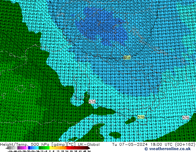 Height/Temp. 500 hPa UK-Global Tu 07.05.2024 18 UTC