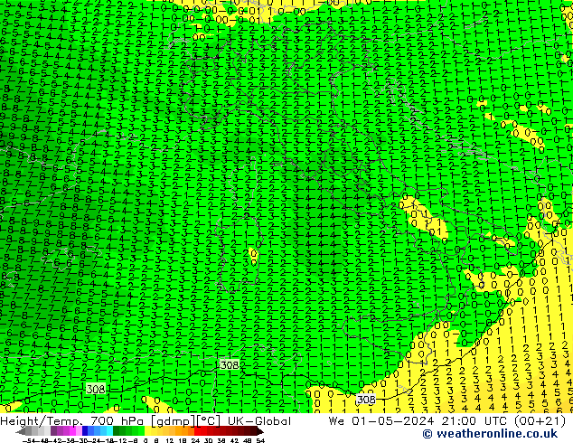 Height/Temp. 700 hPa UK-Global We 01.05.2024 21 UTC