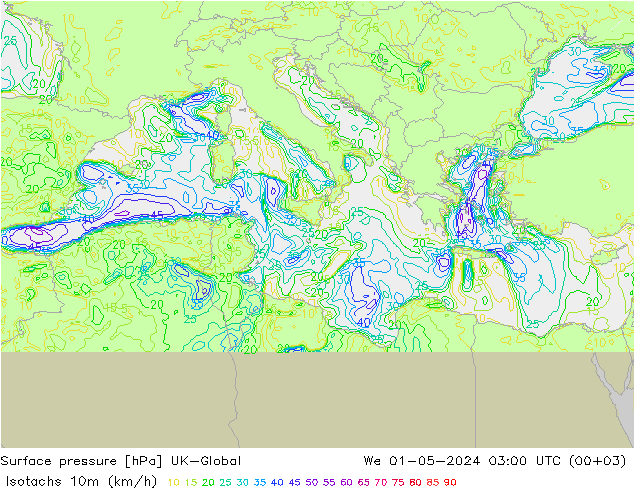 Isotachs (kph) UK-Global Qua 01.05.2024 03 UTC