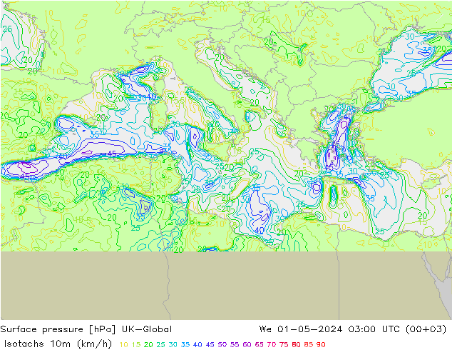 Isotachs (kph) UK-Global We 01.05.2024 03 UTC