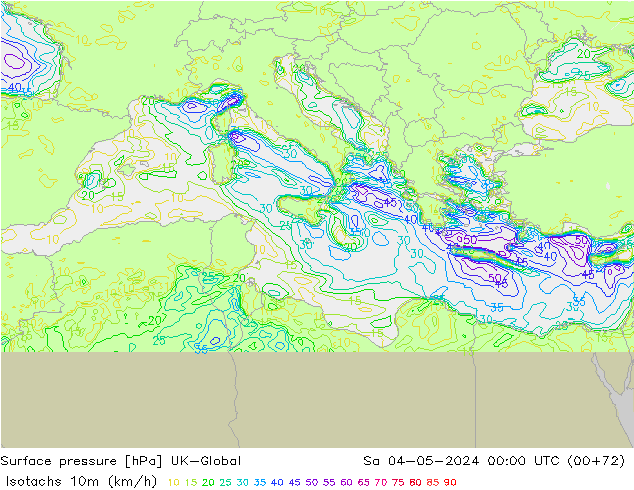 Isotachs (kph) UK-Global sab 04.05.2024 00 UTC