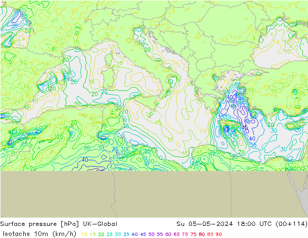 Izotacha (km/godz) UK-Global nie. 05.05.2024 18 UTC