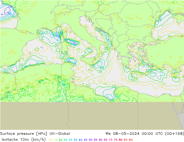 Izotacha (km/godz) UK-Global śro. 08.05.2024 00 UTC