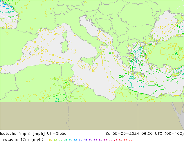 Isotachs (mph) UK-Global dom 05.05.2024 06 UTC