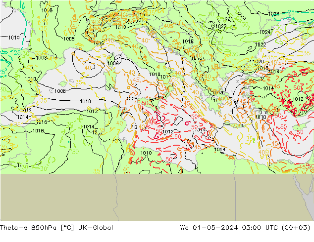 Theta-e 850hPa UK-Global We 01.05.2024 03 UTC