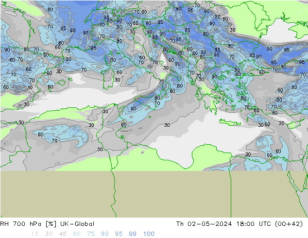 Humidité rel. 700 hPa UK-Global jeu 02.05.2024 18 UTC