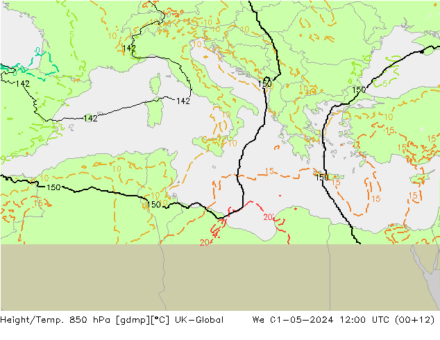 Height/Temp. 850 hPa UK-Global  01.05.2024 12 UTC