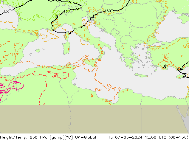 Height/Temp. 850 hPa UK-Global mar 07.05.2024 12 UTC