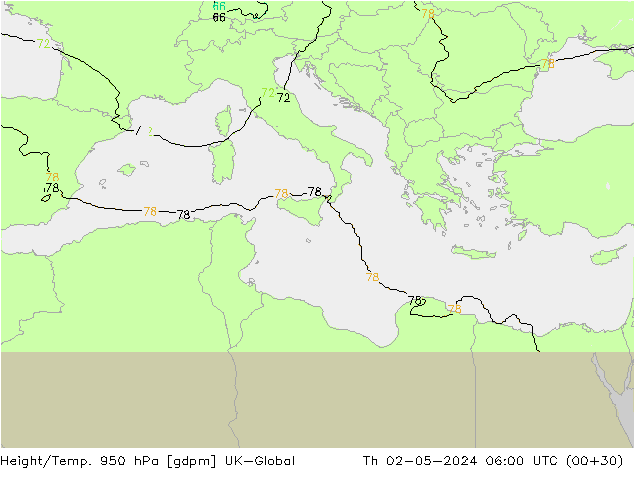 Height/Temp. 950 hPa UK-Global Th 02.05.2024 06 UTC