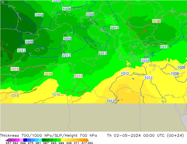 Thck 700-1000 hPa UK-Global Th 02.05.2024 00 UTC
