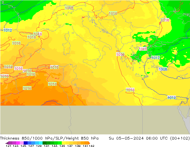 Espesor 850-1000 hPa UK-Global dom 05.05.2024 06 UTC