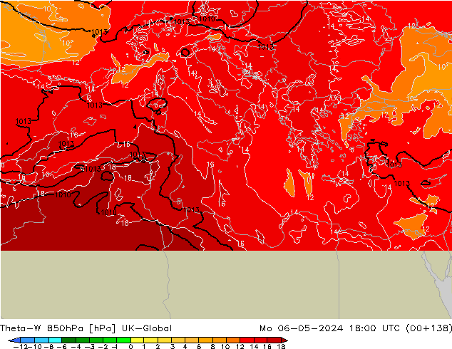Theta-W 850hPa UK-Global Po 06.05.2024 18 UTC