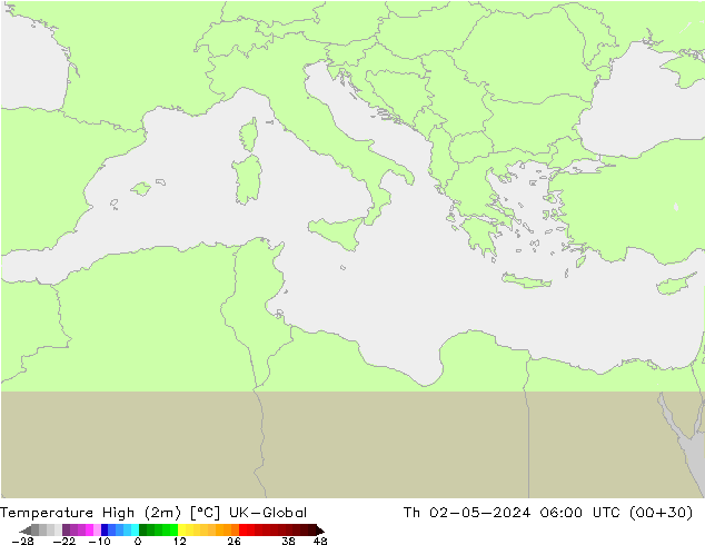 Temperature High (2m) UK-Global Th 02.05.2024 06 UTC