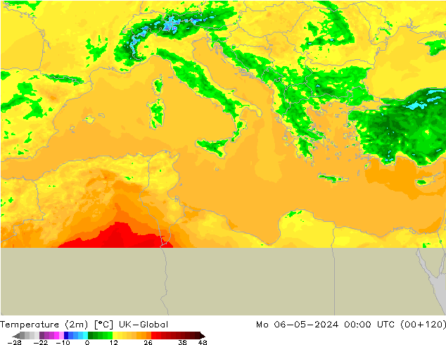 Temperatuurkaart (2m) UK-Global ma 06.05.2024 00 UTC