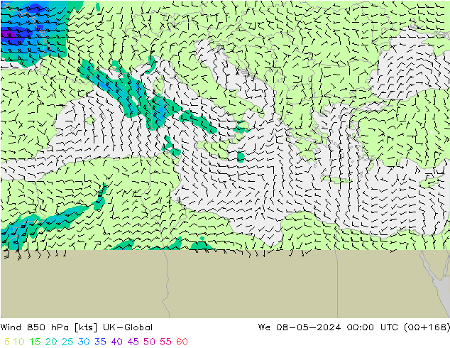 wiatr 850 hPa UK-Global śro. 08.05.2024 00 UTC